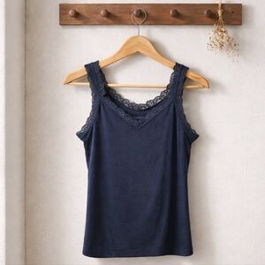 Fleur't LACE TRIM CAMISOLE W/SHELF BRA TANK BLACK SIZE LARGE NWOT